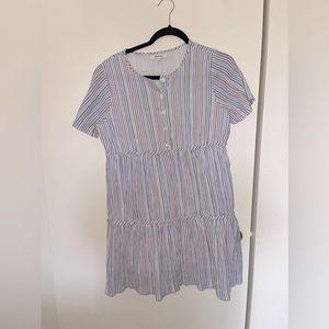 Madewell Striped Crew Neck Button Front Tiered Mini Dress